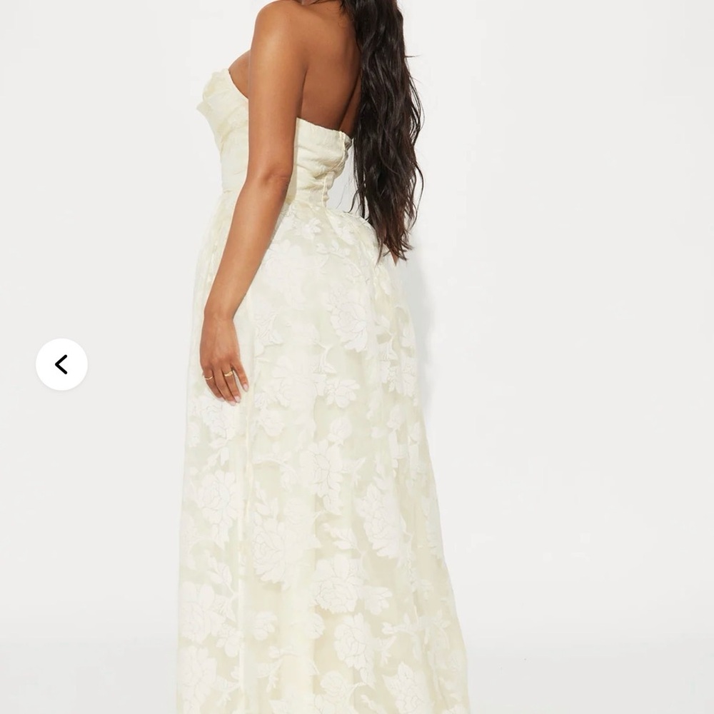 Fashion Nova Cream Strapless Floral Lace Maxi Dress
